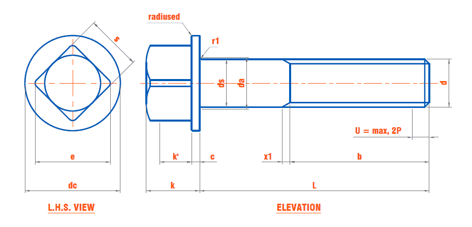 DIN 478 Square Head Bolts with collar Standard Dimensions, Technical Data and Size Chart Data Table