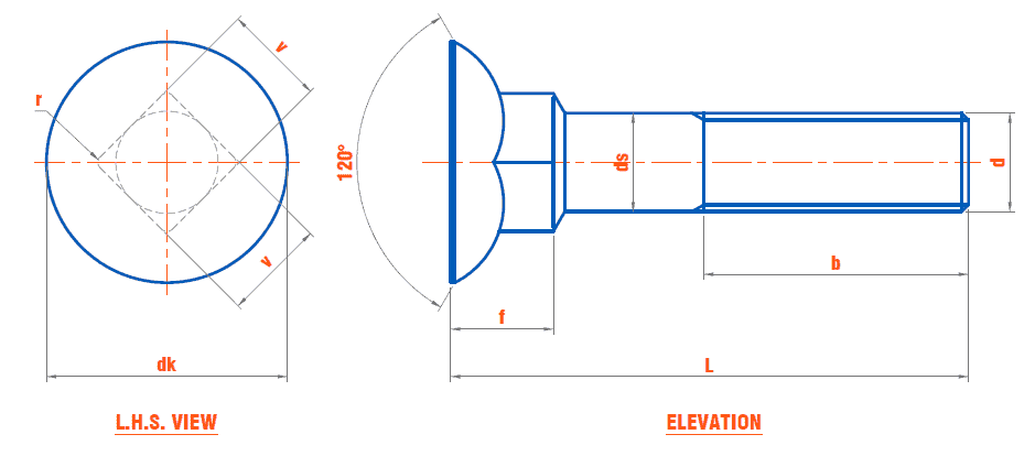 DIN 605 - Flat Countersunk Head with Long Square Neck Bolts-Carriage Bolts with Hexagon Nut Standard Dimensions, Technical Data and Size Chart Data Table